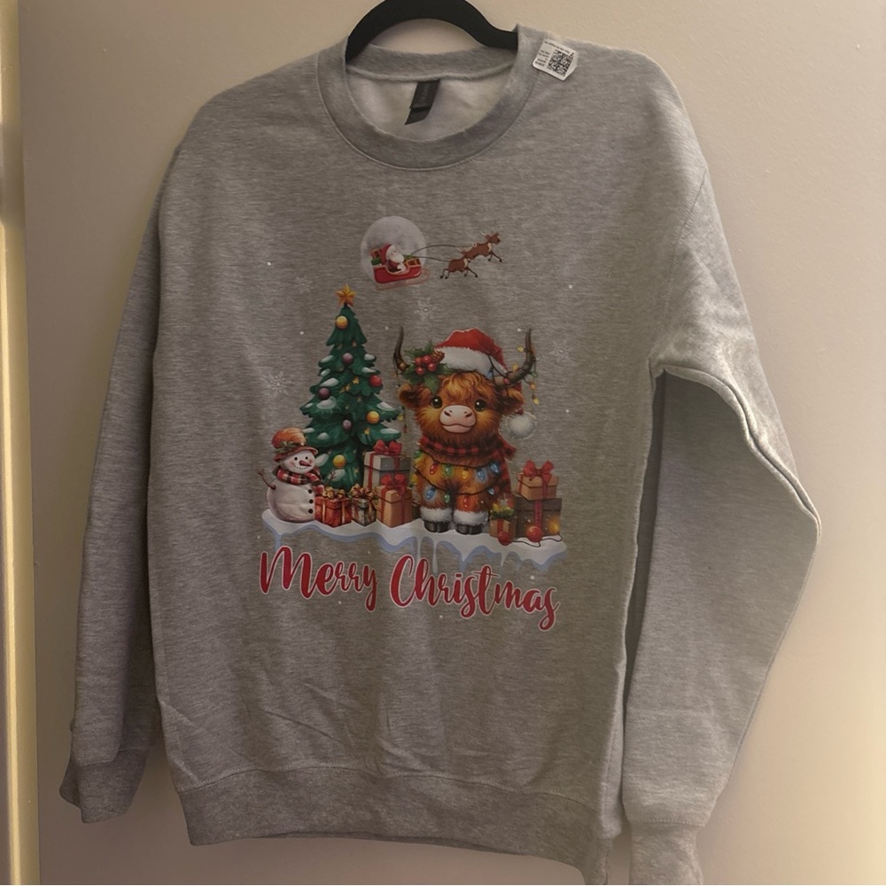 New Highland Cow Christmas Holiday Ash Grey Crewneck Sweatshirt Size Small